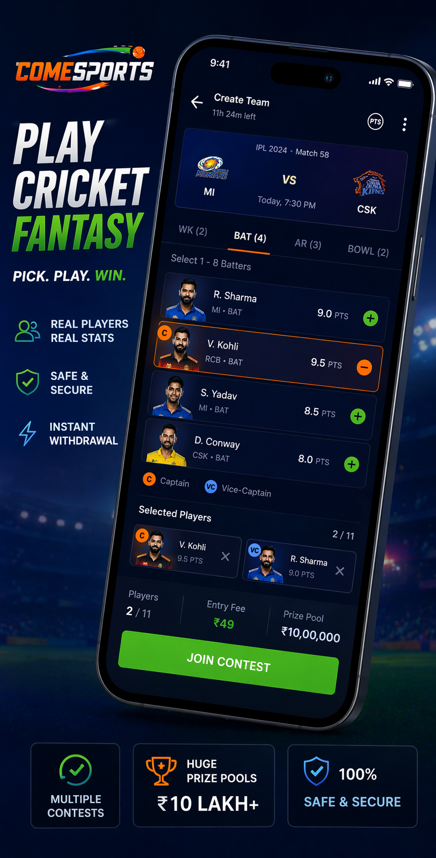 Come 365 11 cricket fantasy visual